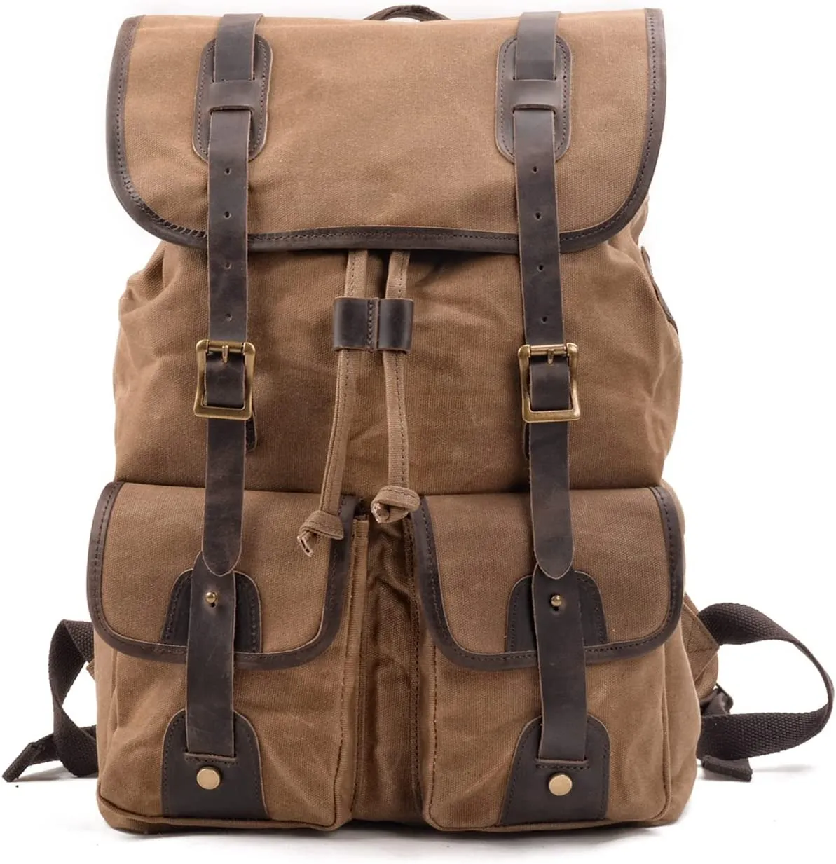 WUDON Travel Leather Backpack for Men - Travel Leather Backpack Vintage Canvas Shoulder Rucksack for School Flight Hiking